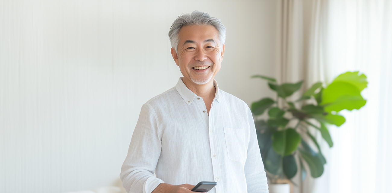 笑顔でスマートフォンを持つ男性